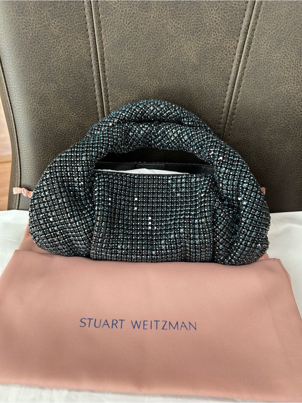 Stuart Weitzman Denim blue Crystal -Embellished Evening Clutch With Chain Strap